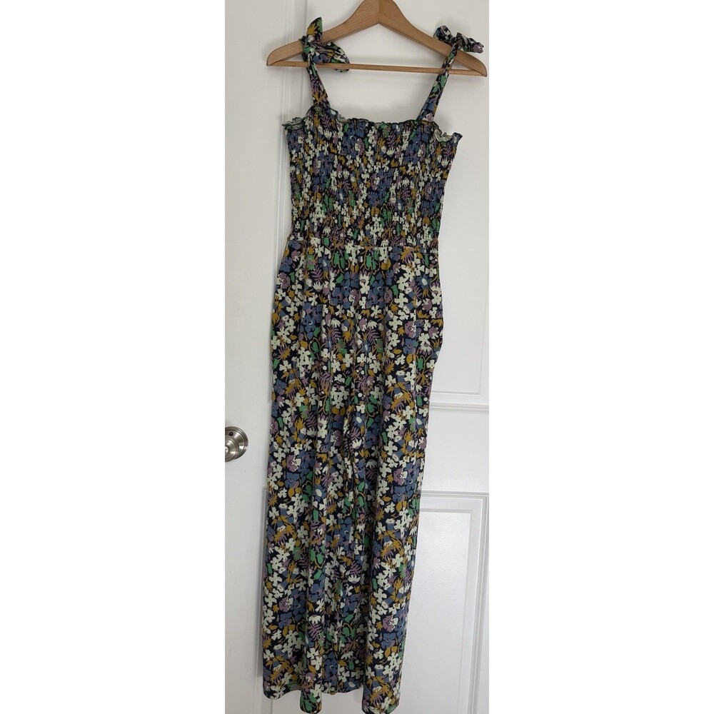 TOAD&CO Women’s Floral Smocked tie strap Square Neck Jumpsuit M organic cotton - Picture 3 of 6